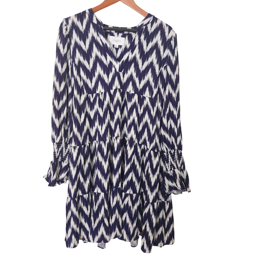 Pomander Place Dress Women XL Navy White Ikat Kenzo Tiered Smocked Game Day Boho